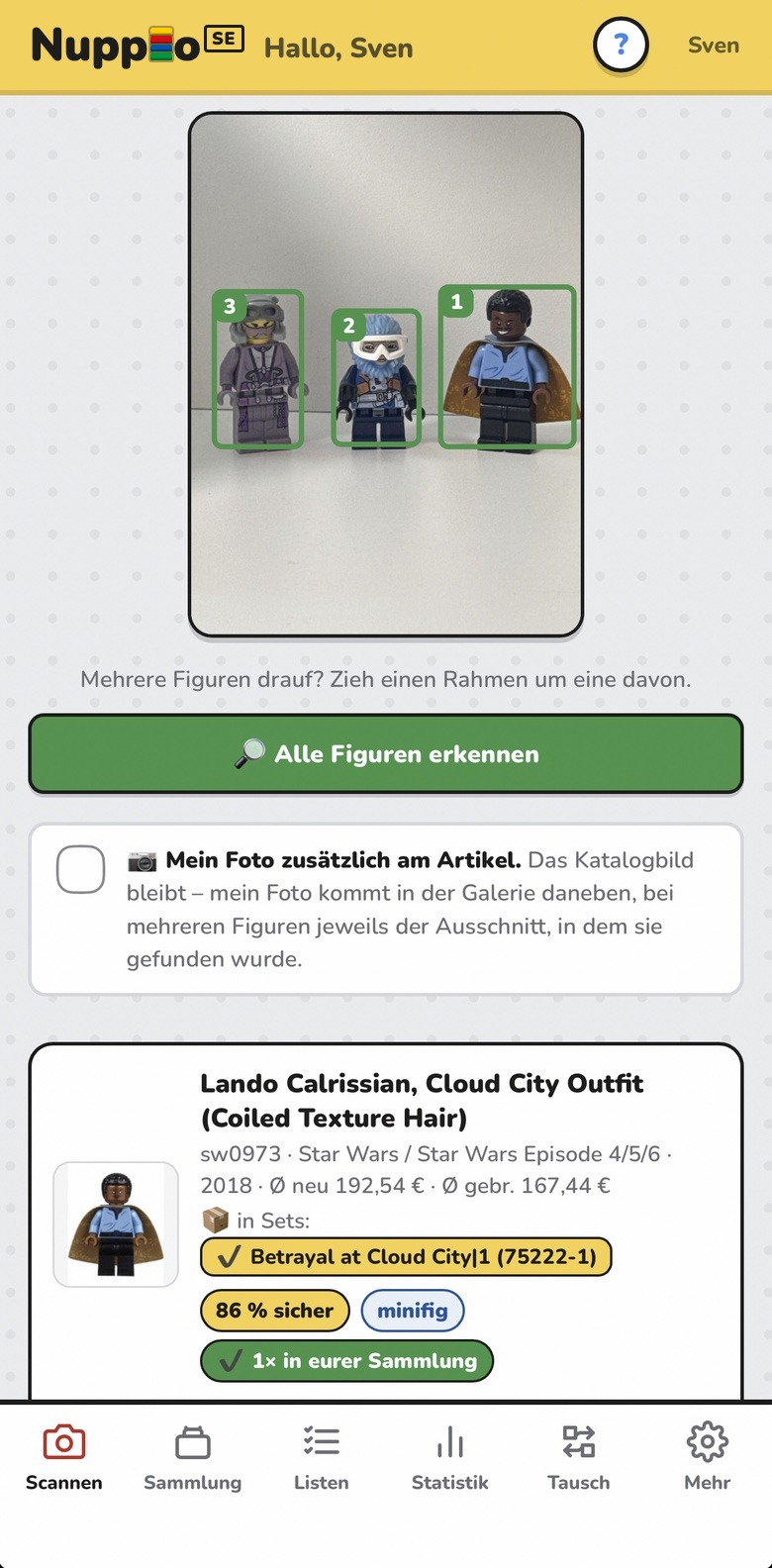 Nupplo im Scanmodus: drei Minifiguren im Kamerafeld, einzeln nummeriert umrahmt, darunter der erkannte Treffer mit Katalogdaten und Preisen