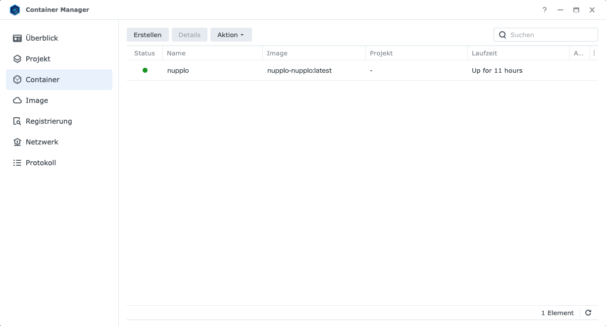 Der Container Manager unter »Container«: eine Zeile namens nupplo mit grünem Punkt, dem Abbild nupplo-nupplo:latest und der Laufzeit