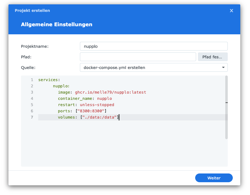 Der Dialog »Projekt erstellen« im Container Manager: Projektname nupplo, Quelle »docker-compose.yml erstellen«, darunter die sieben Zeilen der Compose-Datei